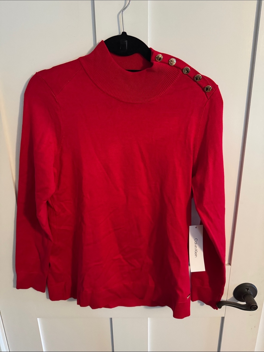 Calvin Klein Red Mock Neck Sweater with Gold Shoulder Buttons